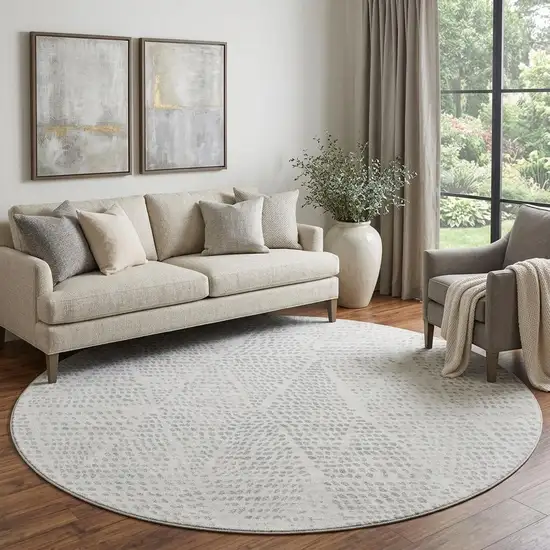 8' Silver And Ivory Diamond Washable Round Rug With UV Protection Photo 1