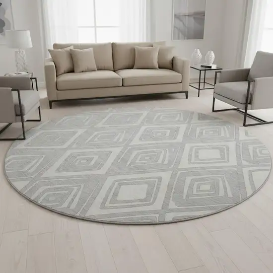 8' Silver And Ivory Diamond Washable Round Rug With UV Protection Photo 2