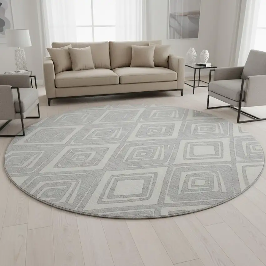 8' Silver And Ivory Diamond Washable Round Rug With UV Protection Photo 2