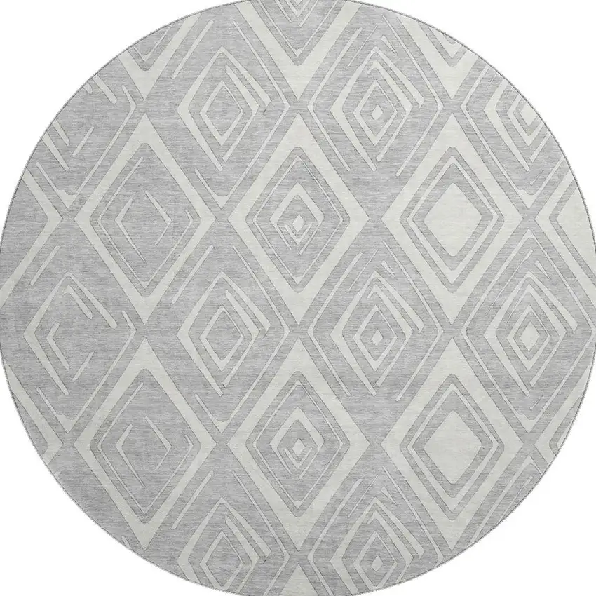 8' Silver And Ivory Diamond Washable Round Rug With UV Protection Photo 3