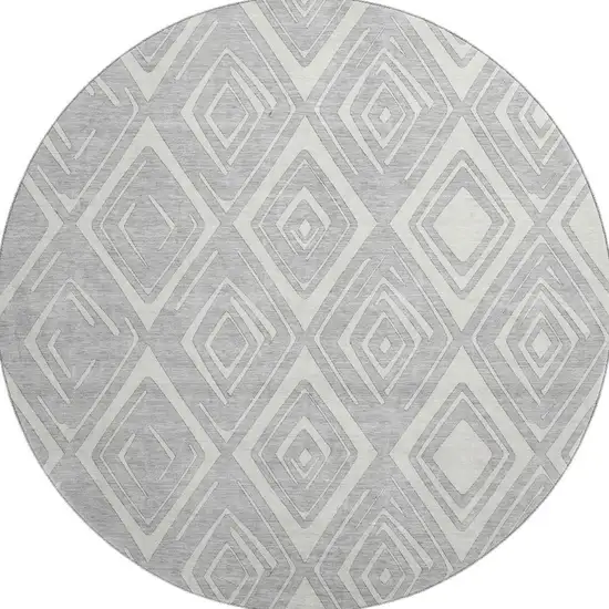 8' Silver And Ivory Diamond Washable Round Rug With UV Protection Photo 3
