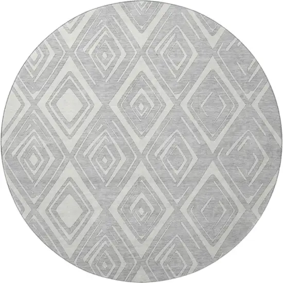8' Silver And Ivory Diamond Washable Round Rug With UV Protection Photo 4