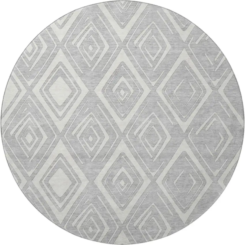 8' Silver And Ivory Diamond Washable Round Rug With UV Protection Photo 4