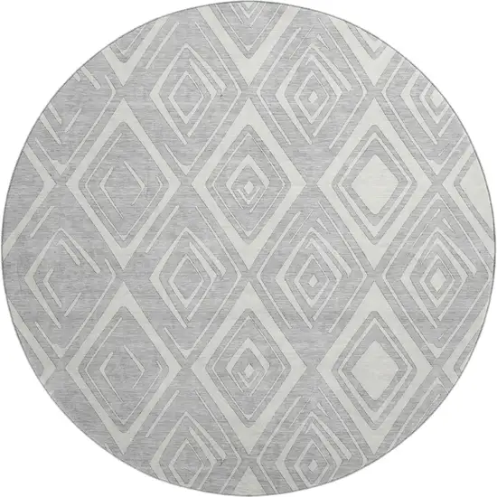 8' Silver And Ivory Diamond Washable Round Rug With UV Protection Photo 1