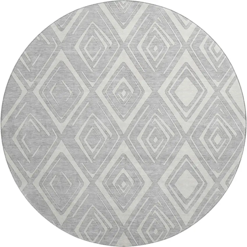 8' Silver And Ivory Diamond Washable Round Rug With UV Protection Photo 1