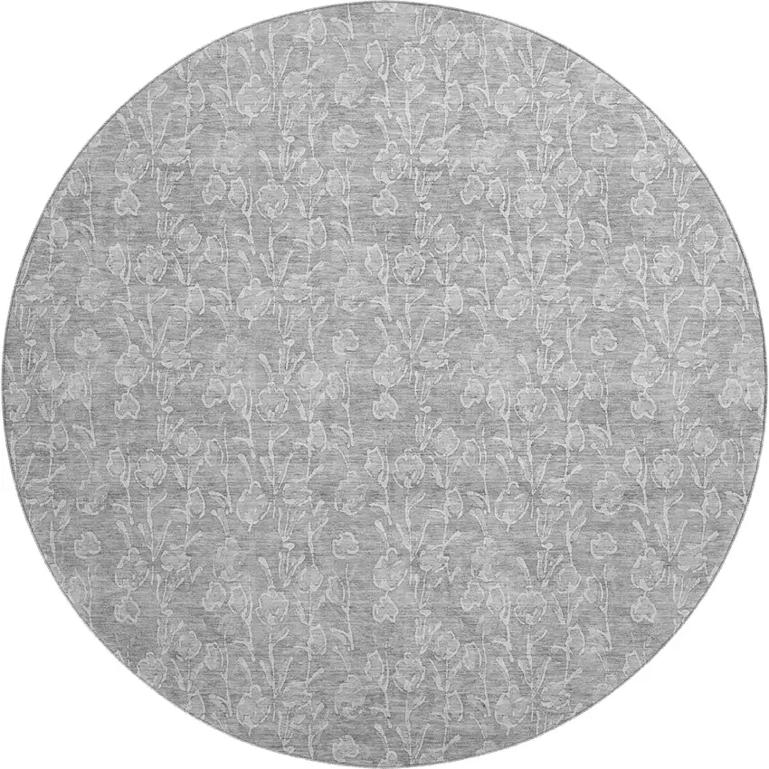 8' Silver And Ivory Floral Washable Round Rug With UV Protection Photo 1