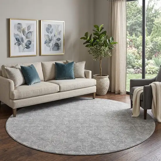 8' Silver And Ivory Floral Washable Round Rug With UV Protection Photo 1