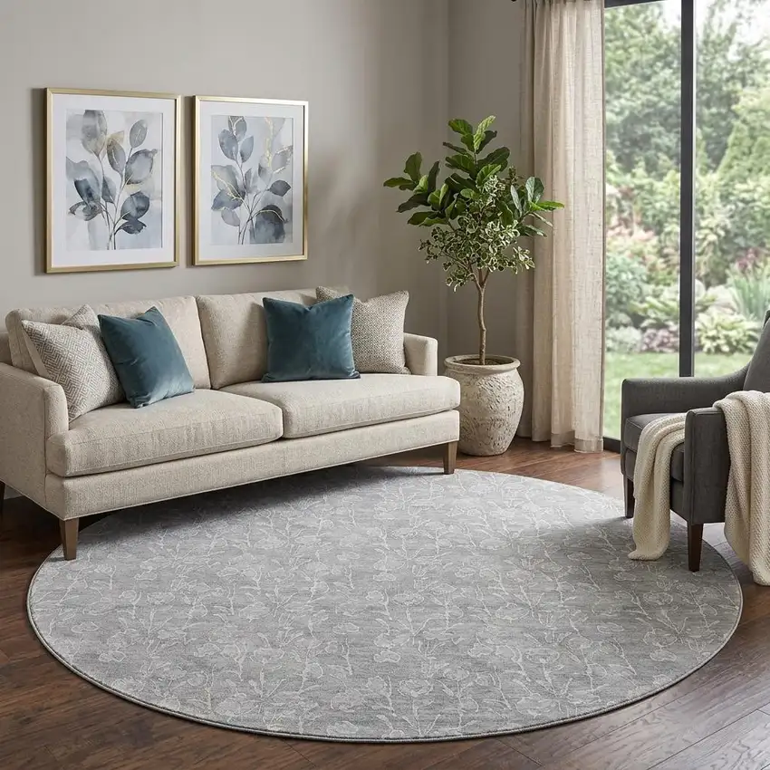 8' Silver And Ivory Floral Washable Round Rug With UV Protection Photo 1