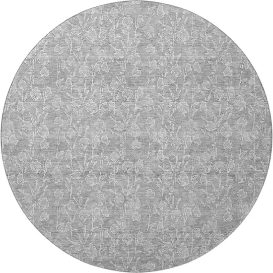 8' Silver And Ivory Floral Washable Round Rug With UV Protection Photo 4