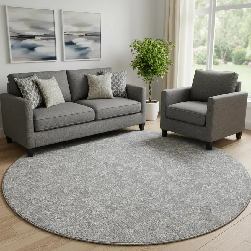 8' Silver And Ivory Floral Washable Round Rug With UV Protection Photo 1