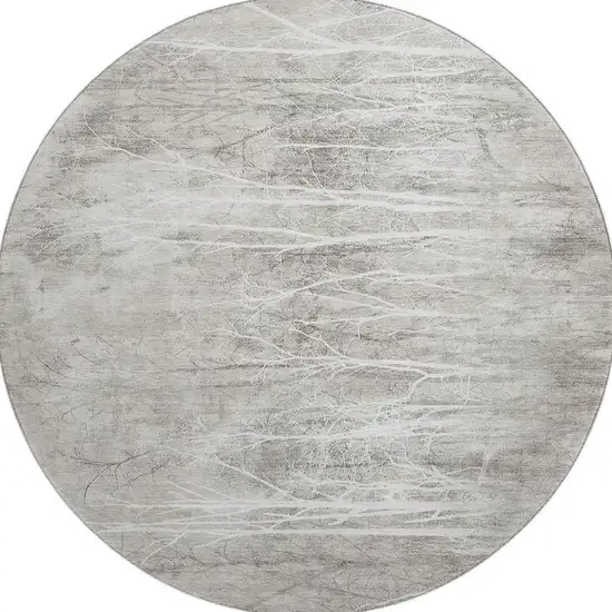 8' Silver And Ivory Floral Washable Round Rug With UV Protection Photo 4