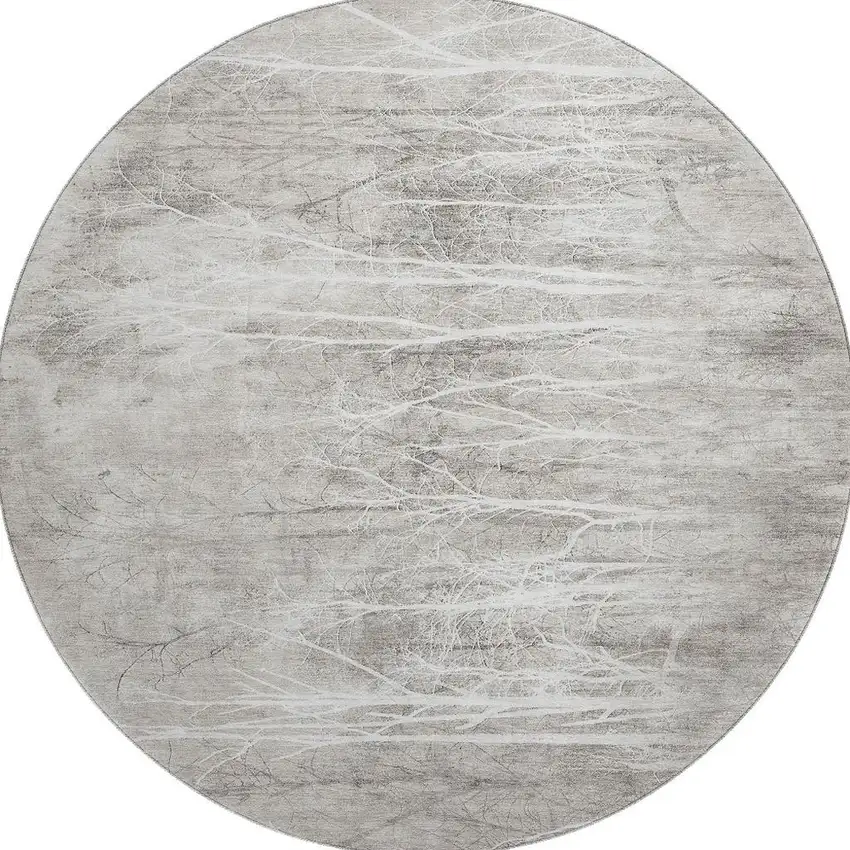 8' Silver And Ivory Floral Washable Round Rug With UV Protection Photo 4