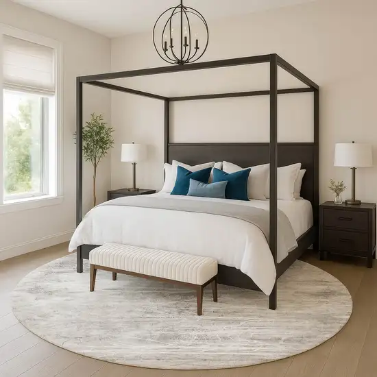 8' Silver And Ivory Floral Washable Round Rug With UV Protection Photo 5