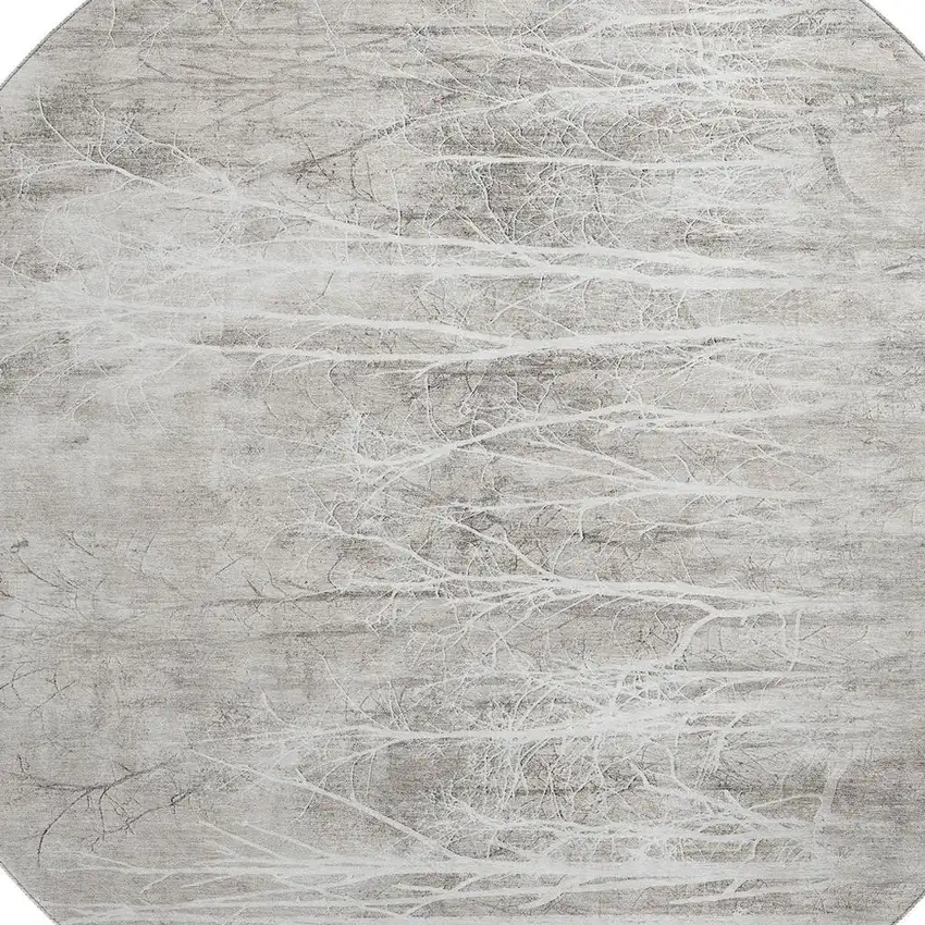 8' Silver And Ivory Floral Washable Round Rug With UV Protection Photo 3