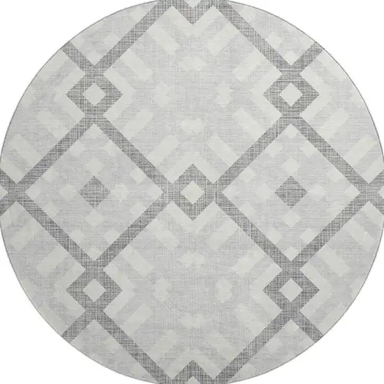 8' Silver And Ivory Geometric Washable Round Rug With UV Protection Photo 3