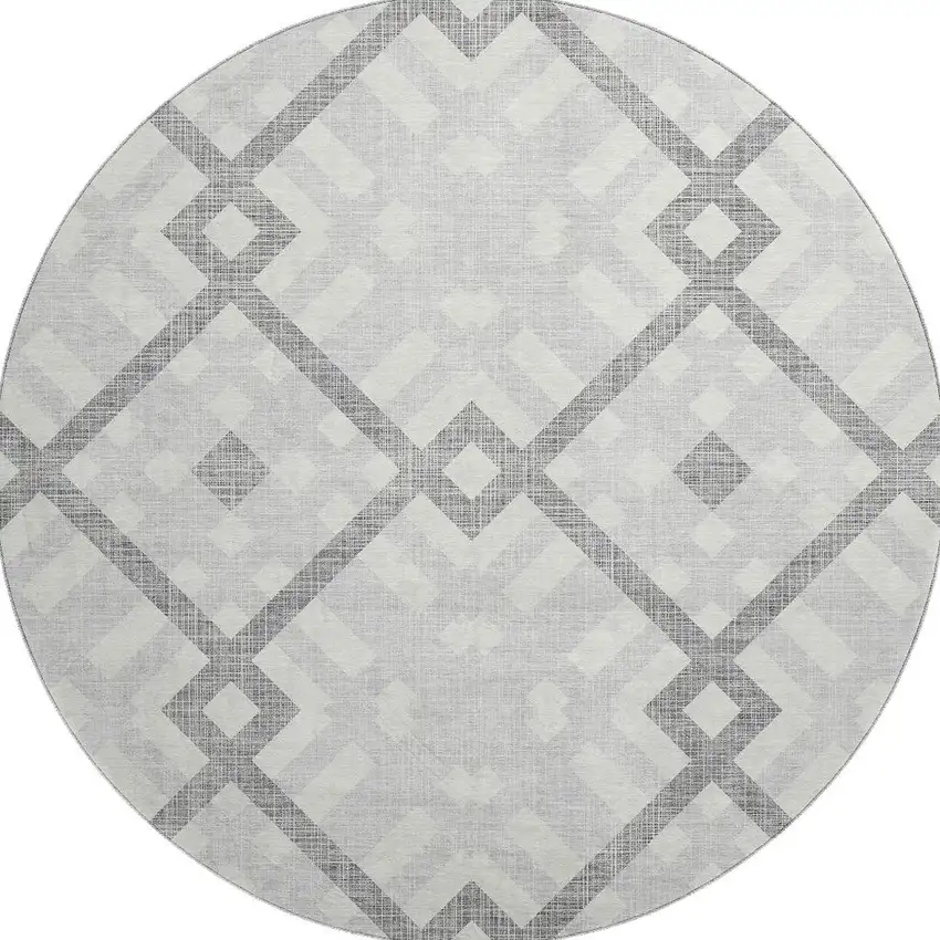8' Silver And Ivory Geometric Washable Round Rug With UV Protection Photo 3