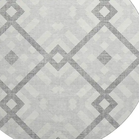 8' Silver And Ivory Geometric Washable Round Rug With UV Protection Photo 2