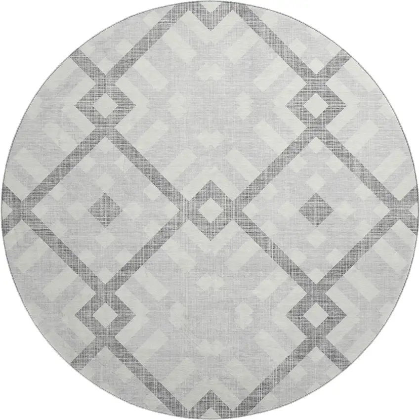 8' Silver And Ivory Geometric Washable Round Rug With UV Protection Photo 1