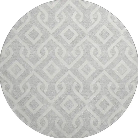 8' Silver And Ivory Geometric Washable Round Rug With UV Protection Photo 4