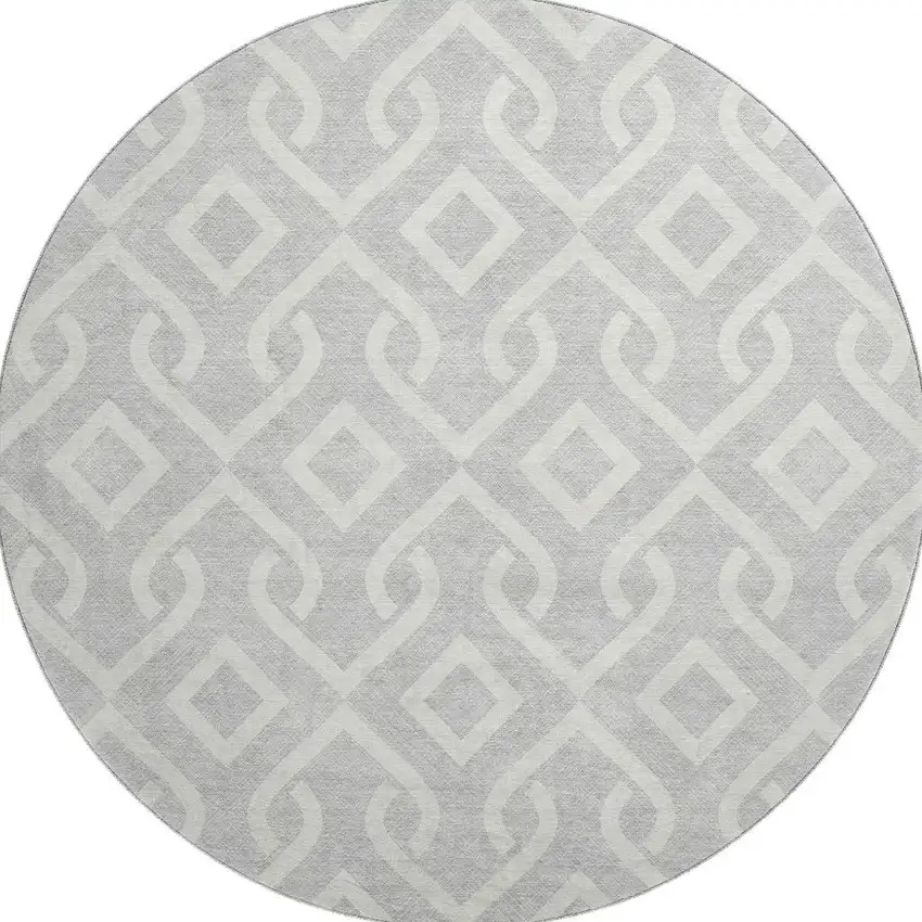 8' Silver And Ivory Geometric Washable Round Rug With UV Protection Photo 4