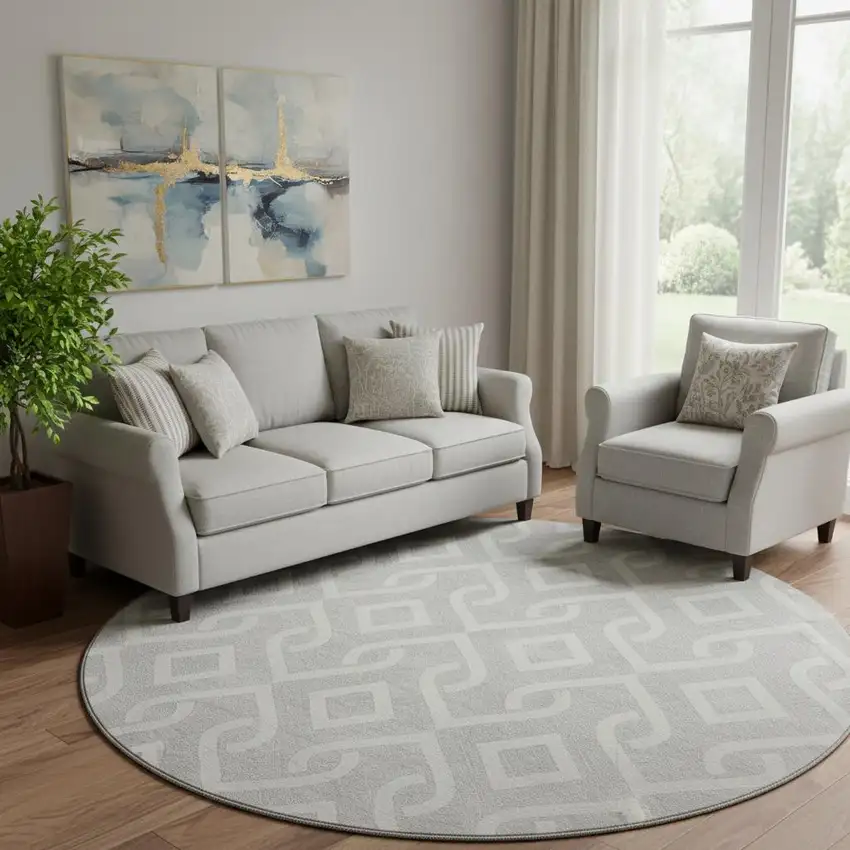 8' Silver And Ivory Geometric Washable Round Rug With UV Protection Photo 1