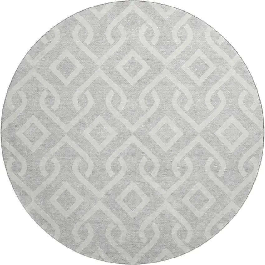 8' Silver And Ivory Geometric Washable Round Rug With UV Protection Photo 1