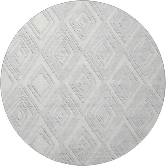 8' Silver And Ivory Geometric Washable Round Rug With UV Protection Photo 5
