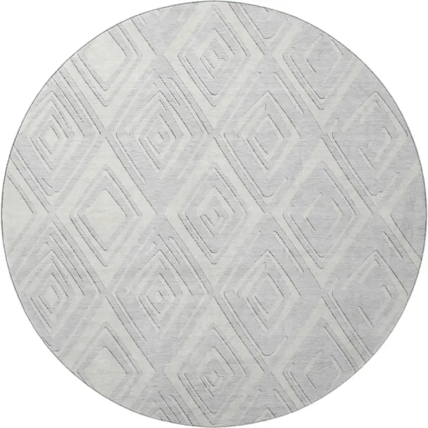 8' Silver And Ivory Geometric Washable Round Rug With UV Protection Photo 5