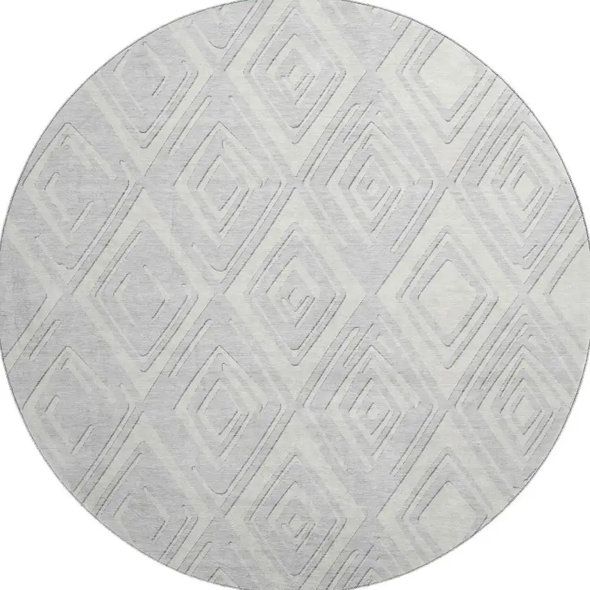 8' Silver And Ivory Geometric Washable Round Rug With UV Protection Photo 4