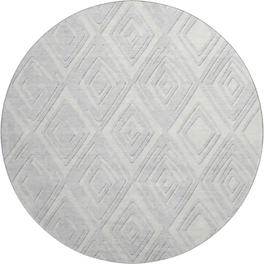 8' Silver And Ivory Geometric Washable Round Rug With UV Protection Photo 2