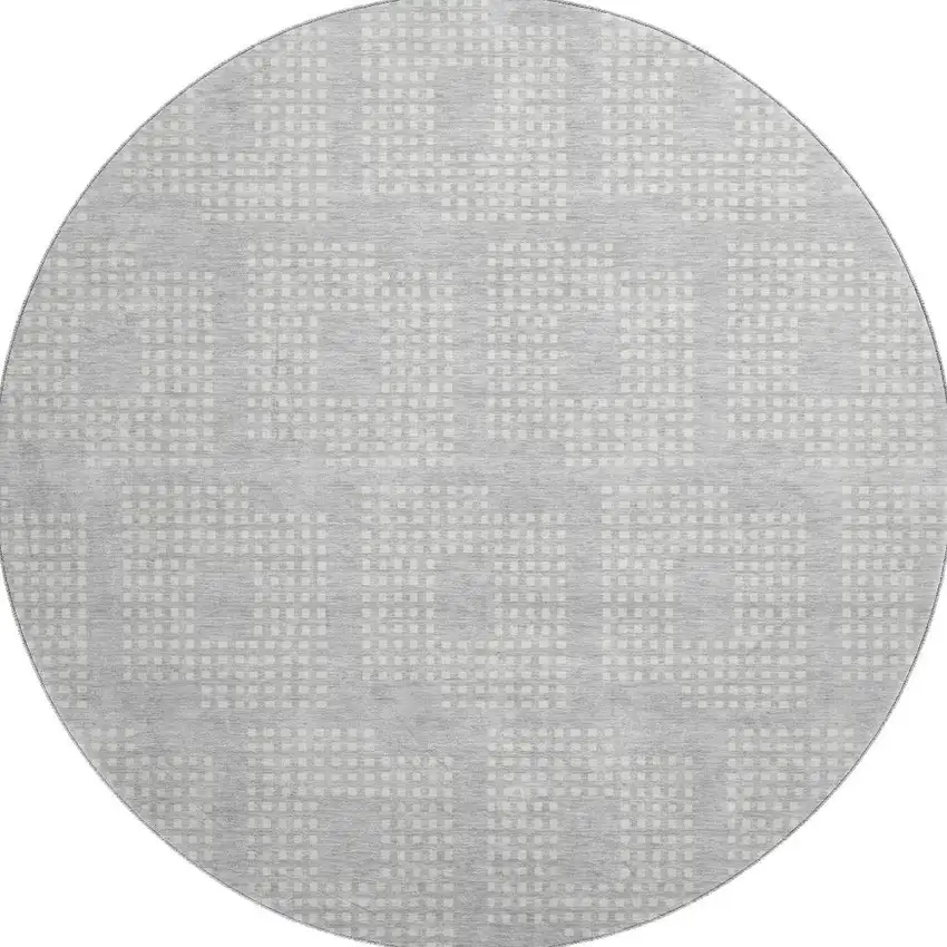 8' Silver And Ivory Geometric Washable Round Rug With UV Protection Photo 4