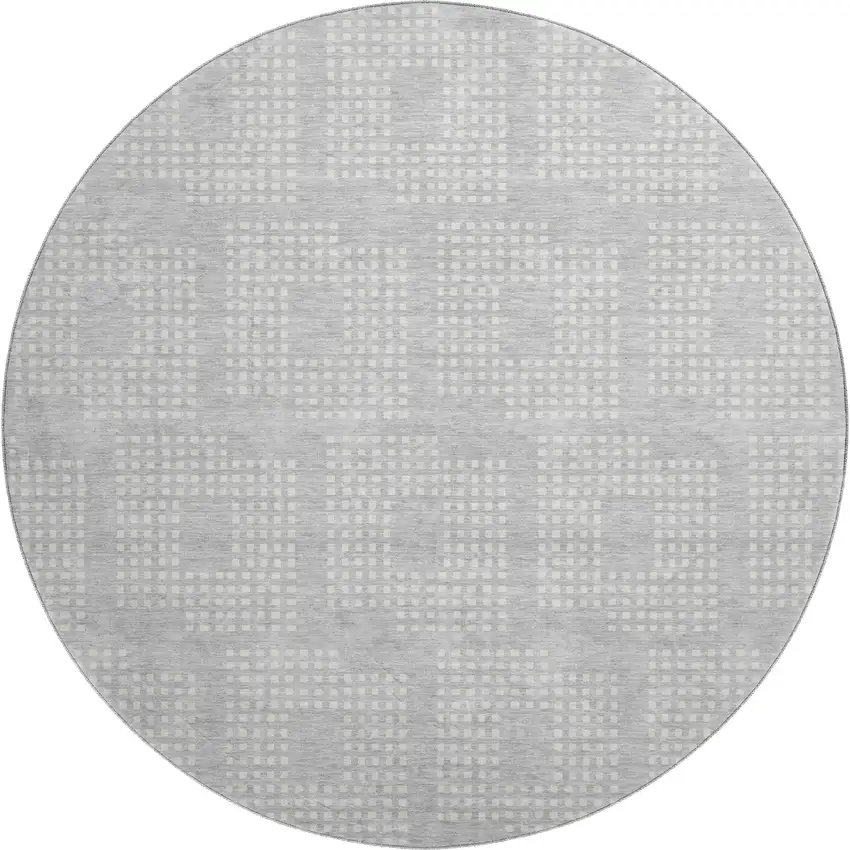 8' Silver And Ivory Geometric Washable Round Rug With UV Protection Photo 1