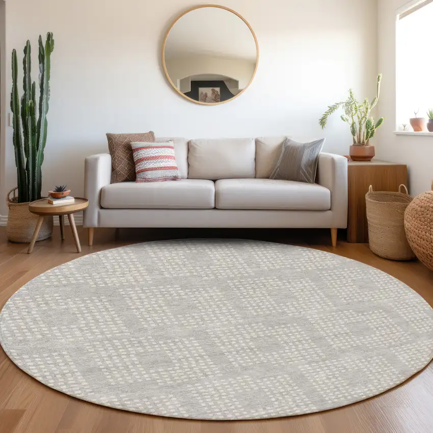 8' Silver And Ivory Geometric Washable Round Rug With UV Protection Photo 5