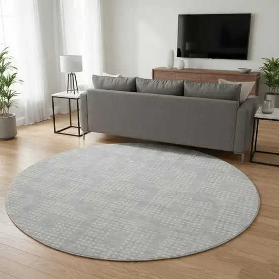 8' Silver And Ivory Geometric Washable Round Rug With UV Protection Photo 2