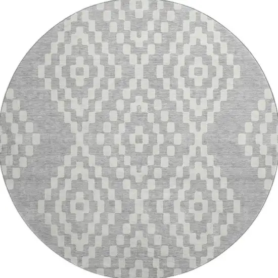 8' Silver And Ivory Geometric Washable Round Rug With UV Protection Photo 4