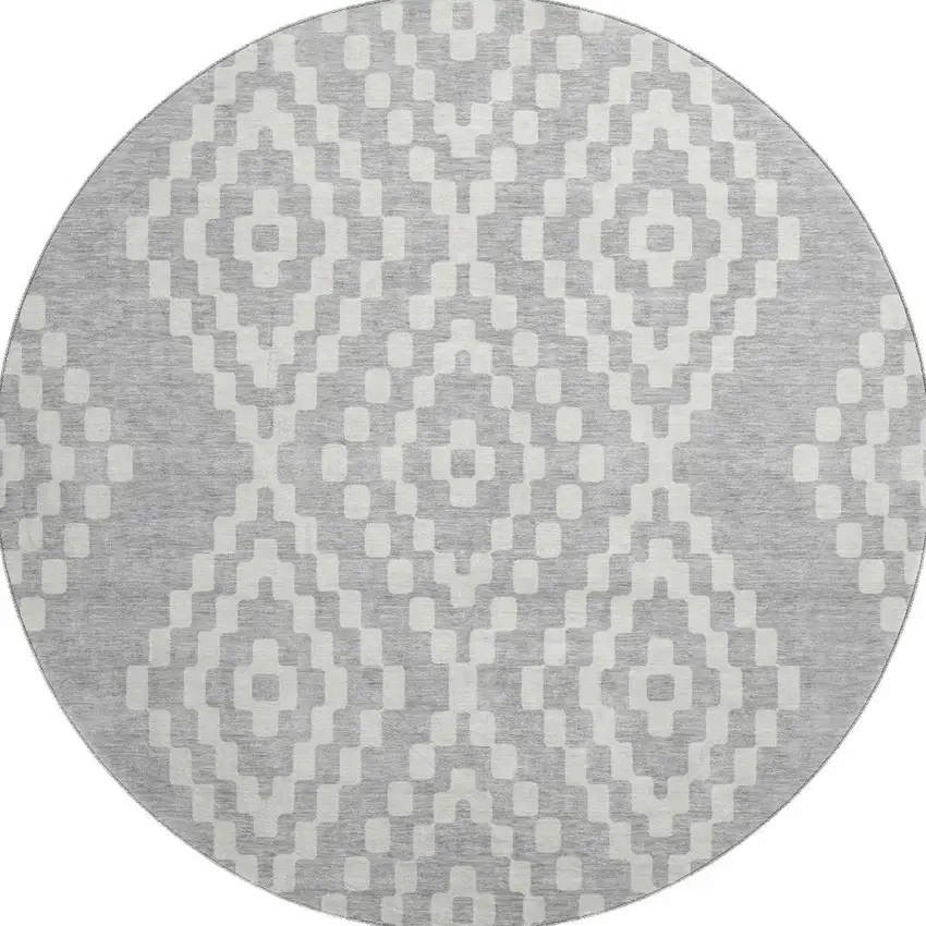 8' Silver And Ivory Geometric Washable Round Rug With UV Protection Photo 4