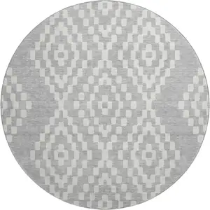 Photo of 8' Silver And Ivory Geometric Washable Round Rug With UV Protection