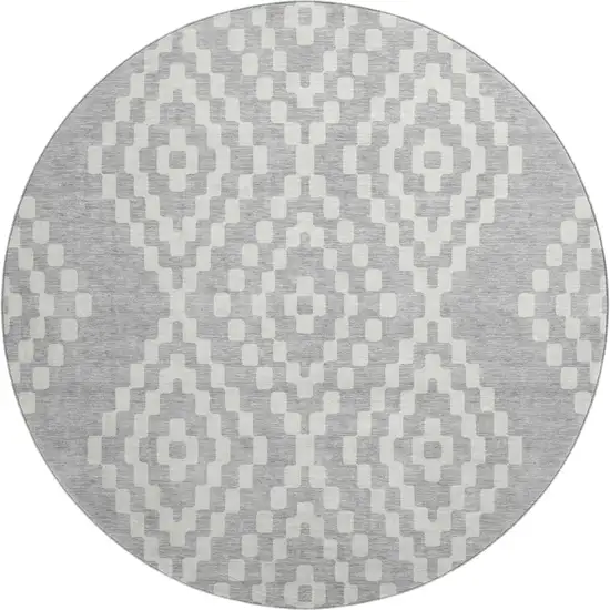 8' Silver And Ivory Geometric Washable Round Rug With UV Protection Photo 1