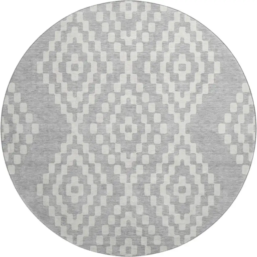 8' Silver And Ivory Geometric Washable Round Rug With UV Protection Photo 1