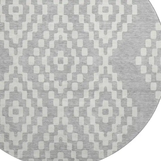8' Silver And Ivory Geometric Washable Round Rug With UV Protection Photo 3