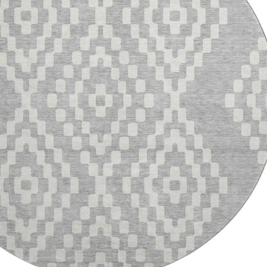 8' Silver And Ivory Geometric Washable Round Rug With UV Protection Photo 3