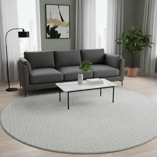 8' Silver And Ivory Geometric Washable Round Rug With UV Protection Photo 2