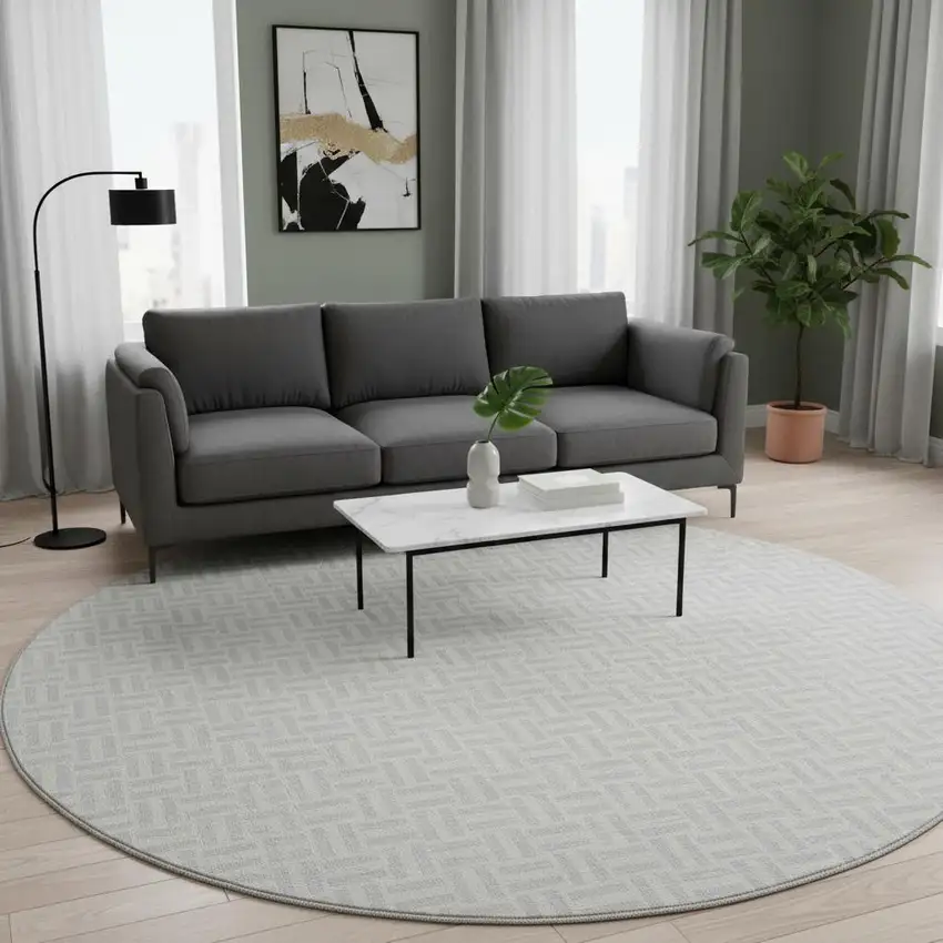 8' Silver And Ivory Geometric Washable Round Rug With UV Protection Photo 2