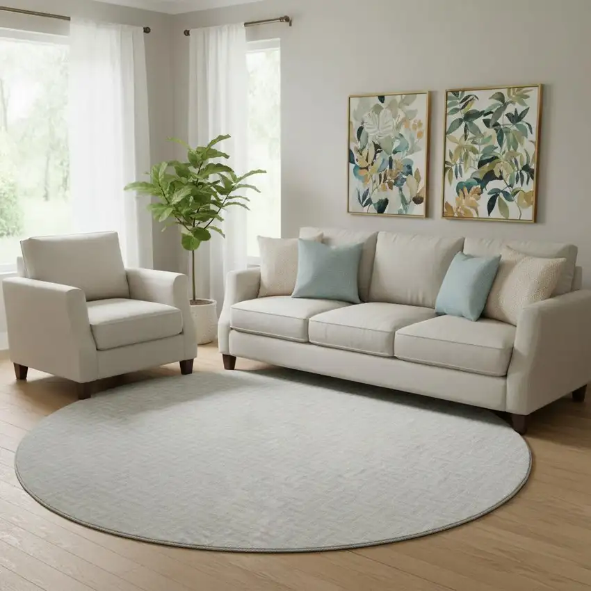 8' Silver And Ivory Geometric Washable Round Rug With UV Protection Photo 1