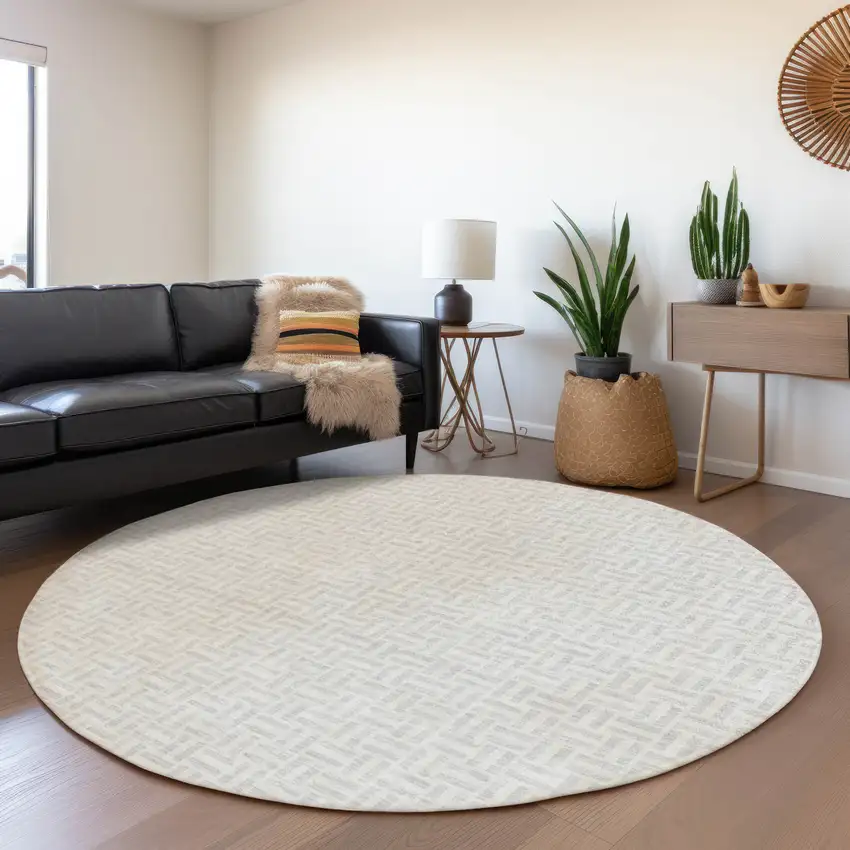 8' Silver And Ivory Geometric Washable Round Rug With UV Protection Photo 5