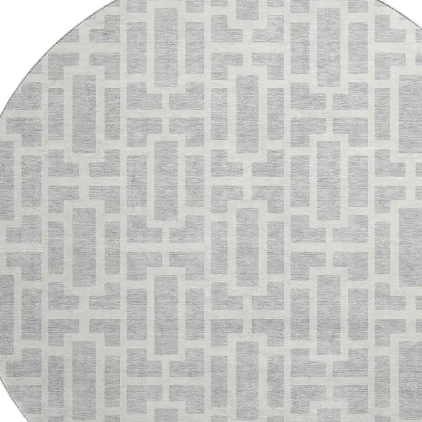 8' Silver And Ivory Geometric Washable Round Rug With UV Protection Photo 3