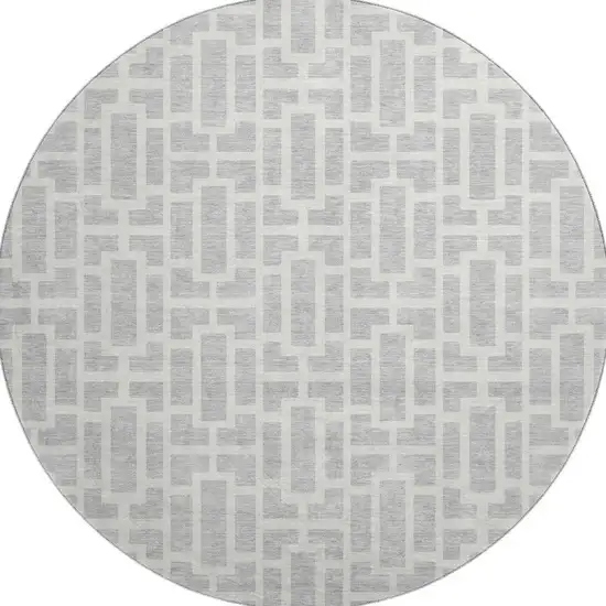 8' Silver And Ivory Geometric Washable Round Rug With UV Protection Photo 4