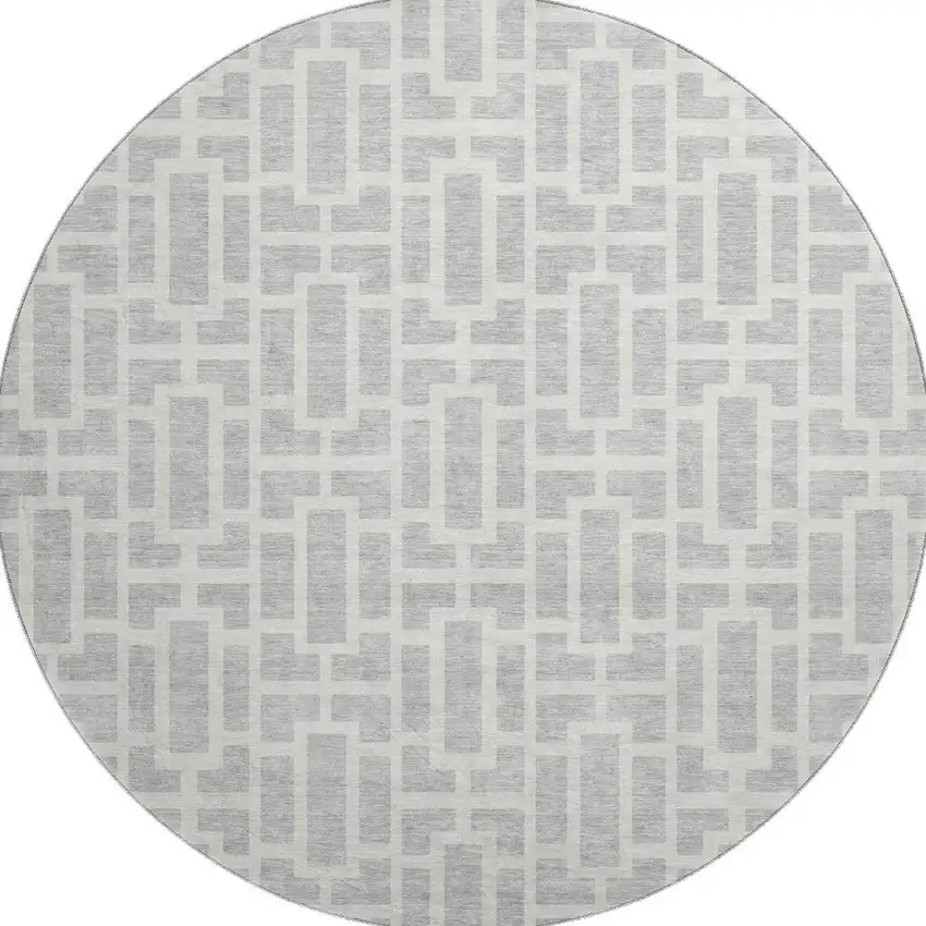 8' Silver And Ivory Geometric Washable Round Rug With UV Protection Photo 4