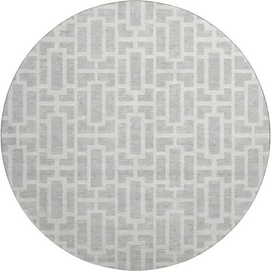 8' Silver And Ivory Geometric Washable Round Rug With UV Protection Photo 1