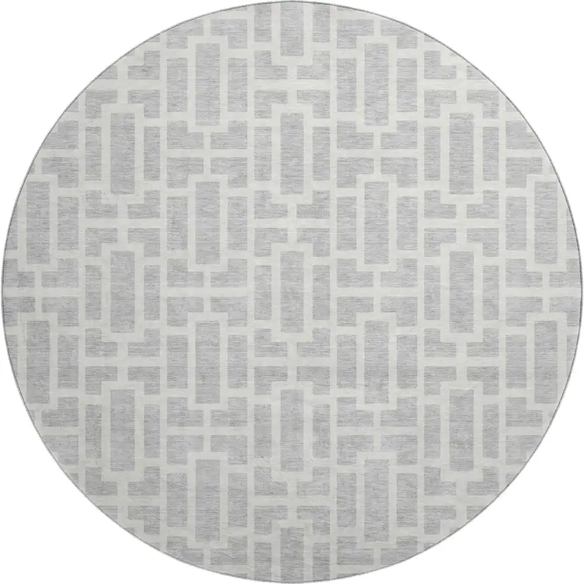 8' Silver And Ivory Geometric Washable Round Rug With UV Protection Photo 1